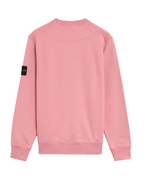 Plugmarket pink cotton crewneck sweatshirt with black logo patch on sleeve.