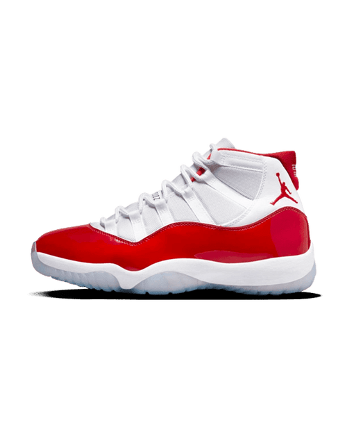 Plugmarket - Air Jordan 11 Retro Cherry sneakers with white mesh upper and red patent leather accents.